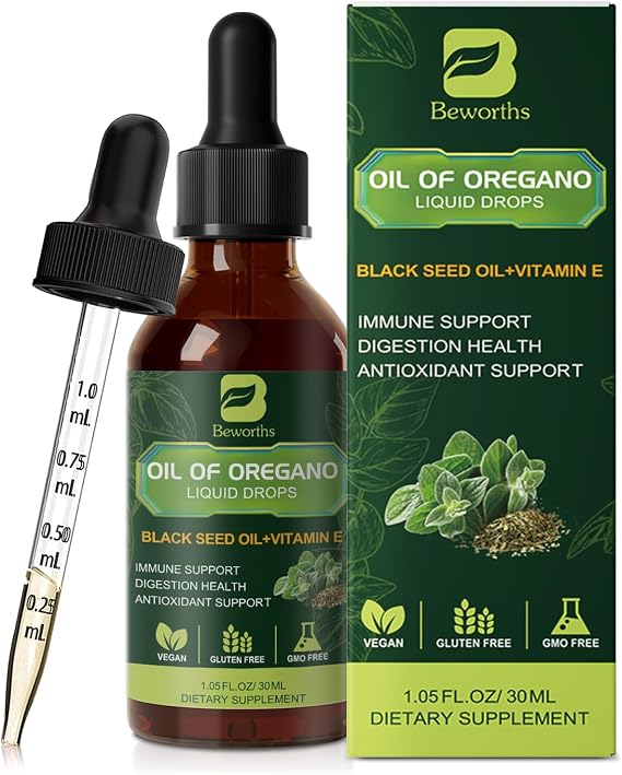 Oregano Oil Drops, Oil of Oregano with Black Seed Oil, Vitamin E, 80% Carvacrol Oregano Supplement Herbal Blend for Immune & Antioxidant Support, Digestive, Overall Health | Vegan | Non-GMO | 1 Fl Oz