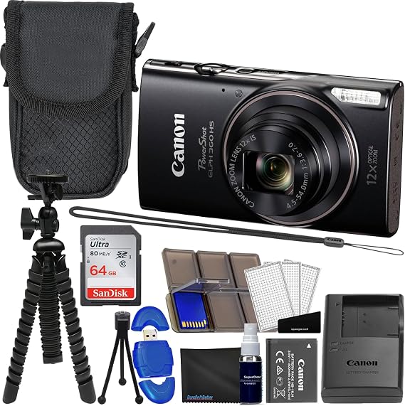 Canon PowerShot ELPH 360 HS Digital Point and Shoot Camera (Black) Bundle with 64GB Memory Card, Card Reader, Gripster Tripod, Case and More