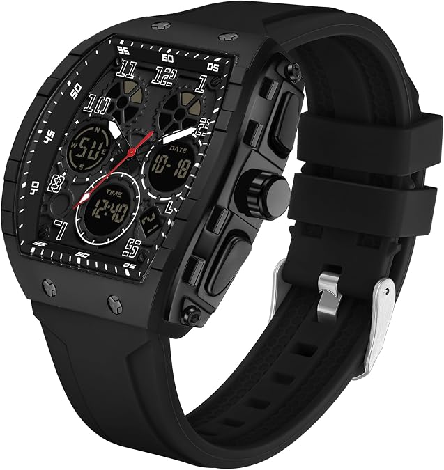 Mens Watches Unique Watches for Men Digital Waterproof Watch Sports Alarm Stopwatch Tonneau Design Punk Analog Wrist Watch Calendar Dual Time Display Silicone Band