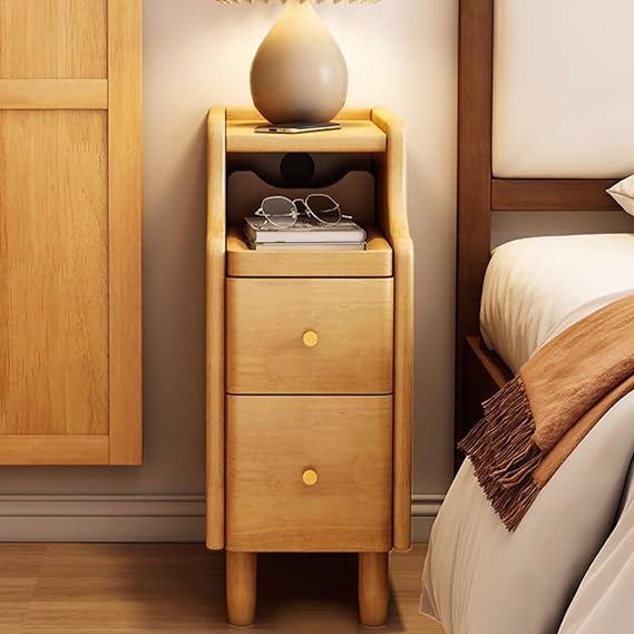8in Narrow Nightstand, Solid Wood Bedside Tables, Bedside End Table with Storage Drawer, Small Nightstand (Color : Wood Color)