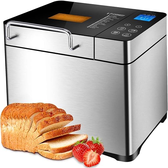 Bread Maker Machine, Fully Automatic Bread Machine, 15-in-1 Automatic Nut Dispenser Pan Maker with Timer Delay, 1 Hour Warm, Stainless Steel & Non-Stick Ceramic Pan, Gluten Free