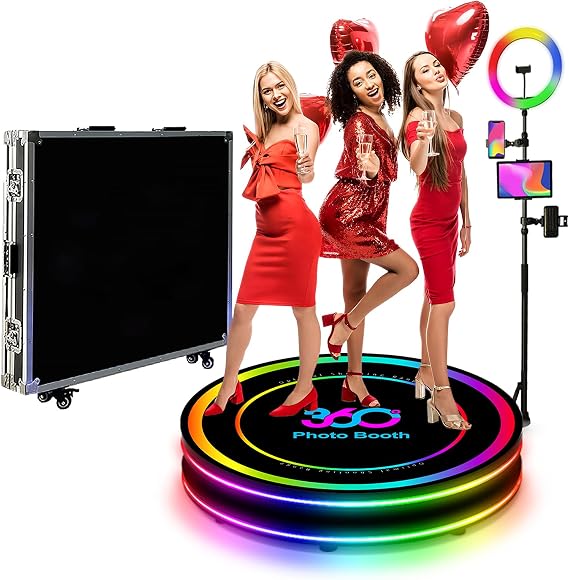 360 Photo Booth Machine Automatisch in Zeitlupe rotierender Stand Kostenloses Logo Flight Case 360 Stand mit APP-Fernbedienung RGB Ringlicht 360 Kamerastand für Events (80cm)