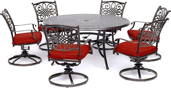 Hanover Traditions 7-Piece Patio Dining Set with 60" Round Cast-Top Table and Swivel Rockers with Autumn Berry Cushions, Patio Dining Set for 6, Premium Weather Resistant Outdoor Dining Set