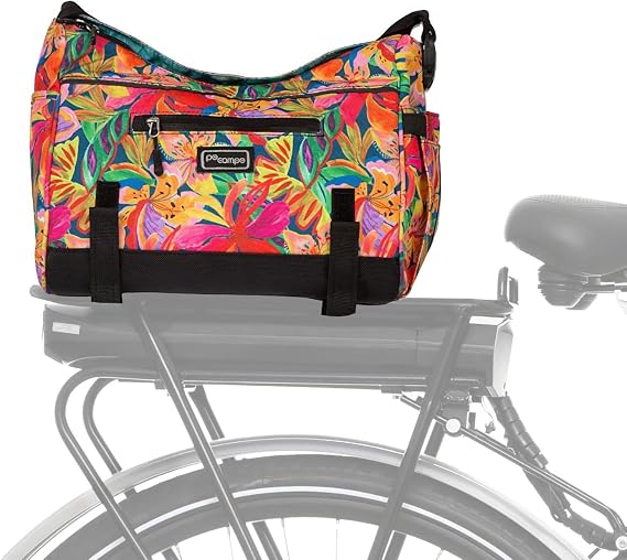 Po Campo Katy Bike Trunk Bag Rear Bicycle Rack Storage Waterproof, Colorful Bike Bag That Easily Converts to a Crossbody for Women and Men (Tropical Nights)