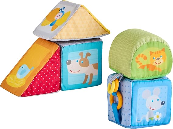 HABA Animal Soft Baby Blocks for 6-12 Months - 5 Geometric Shape Baby Sensory Toys with Rattle, Mirror, Squeaker & Crinkle Foil, Soft Building Blocks for Babies 6-12 Months