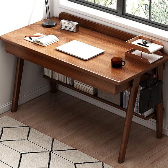 Desk, Home Office Workstation, Computer Desk, Mid-Century Modern, Walnut Desk with 2 Drawers and Storage Compartments (39", Walnut)