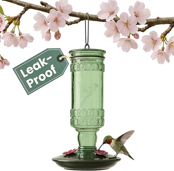 Perky-Pet Antique Glass Bottle Hummingbird Feeder, 10 oz Capacity, Green | 4 Feeding Ports for Outdoors Hanging Bird Feeders, Backyard Garden Decor