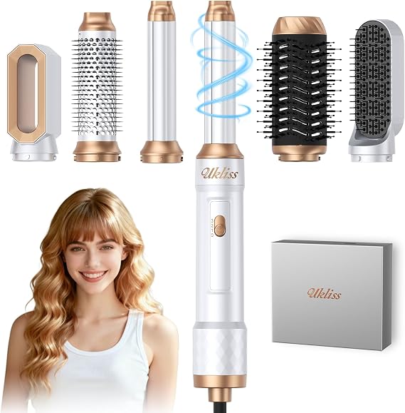 Ukliss Hair Dryer Brush 6 in 1, Hot Air Brush & Styler with ALCI Safety Plug, Ionic Blow Dryer Brush for Frizz Free Salon Blowout, Volumizing & Auto Curls, for Fine to Normal Hair (White)