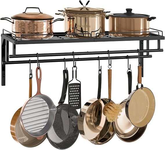CHOEZON Hanging Pot Rack, Wall-Mounted Pot Rack, Kitchen Cookware Organizer, Metal Pot and pan Organizer Holder, for Cookware, Utensils Organization, Black TPR38BB