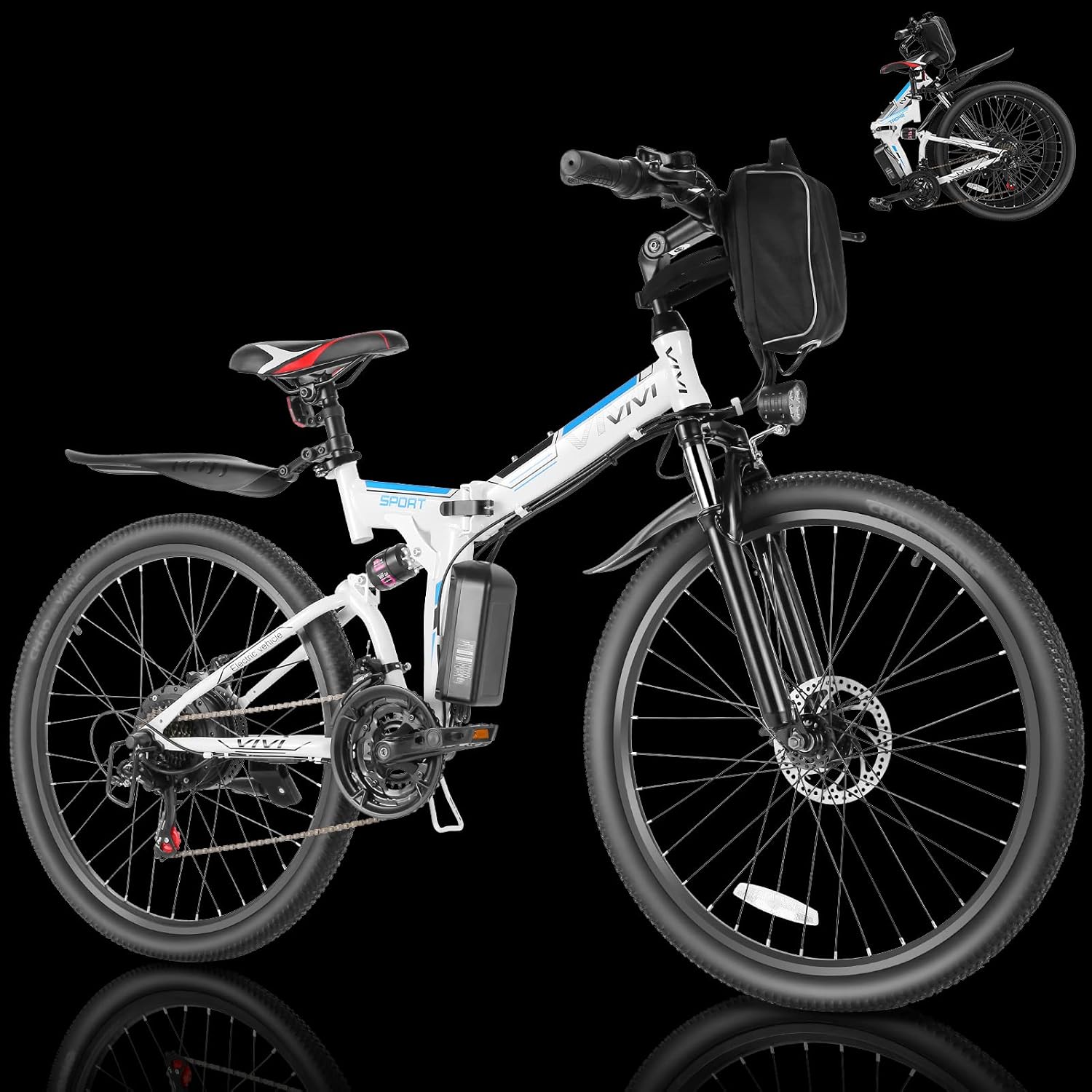 Vivi M026TGB Electric Bike 26 Electric Bike for Adults, Folding Electric Mountain Bike with 500W Motor, 48V Removable Lithium-Ion Battery, 21 Speed, 20MPH, Up to 50 Miles, Dual Shock Absorber