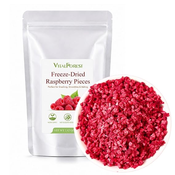 Freeze Dried Raspberries Pieces, 2.12oz (60g) Real Dehydrated Raspberries Bulk, VitalForest Crunchy Dried Raspberries for Baking Yogurt, Smoothies, Cereal & Snacking Cakes, No Sugar Added, Non GMO