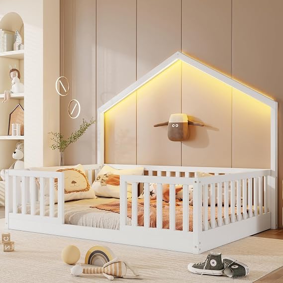 Full Size Floor Bed with High Rails, Wooden Montessori Platform Bed Frame with Light, White