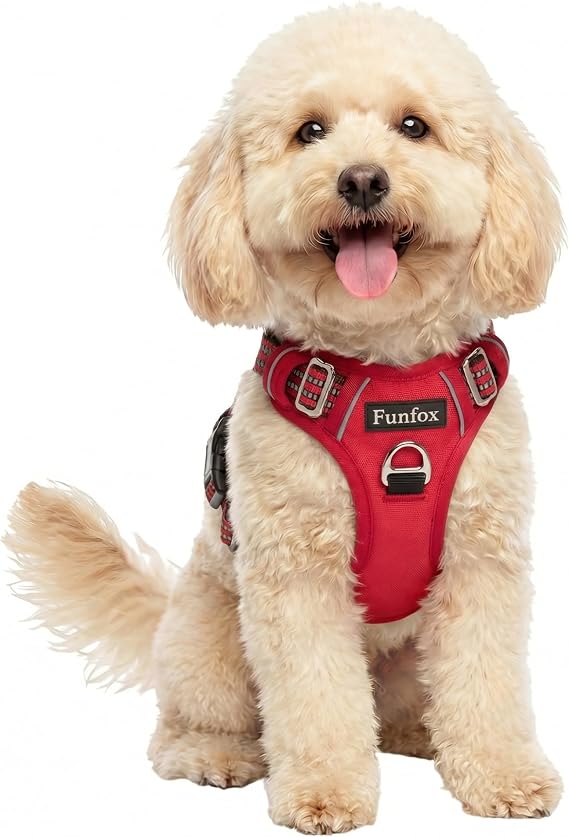 Funfox Dog Harness No Pull, Adjustable 2 Clips Anti-Pull Vest with Practical Handled, Small Breed Red S