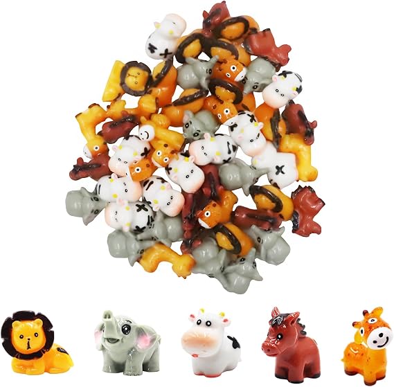 50 Pcs Miniature Resin Animal Figurines Set (1.2") - Elephant, Lion, Giraffe, Horse, Cow for Fairy Garden, Terrarium, DIY Crafts & Miniature World