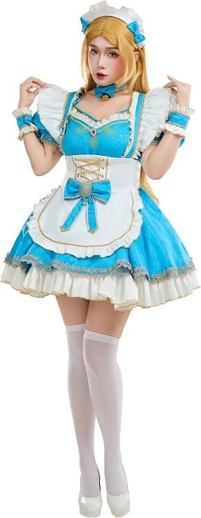 Mobbunny Women's Princess Cosplay Costume Maid Costume Dress Anime Blue Cosplay Dress with Apron Sleeves