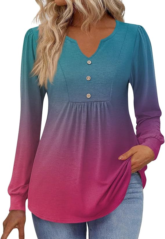 Long Sleeve Shirts for Women Printed Pleated Dressy Blouses Casual Tunic Tops for Leggings V Neck Fall Fashion Tees
