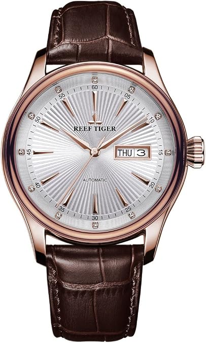 REEF TIGER Gentmen Dress Watches with Date Day Rose Gold Case Leather Strap Automatic Watch RGA8232 (RGA8232-PWS)