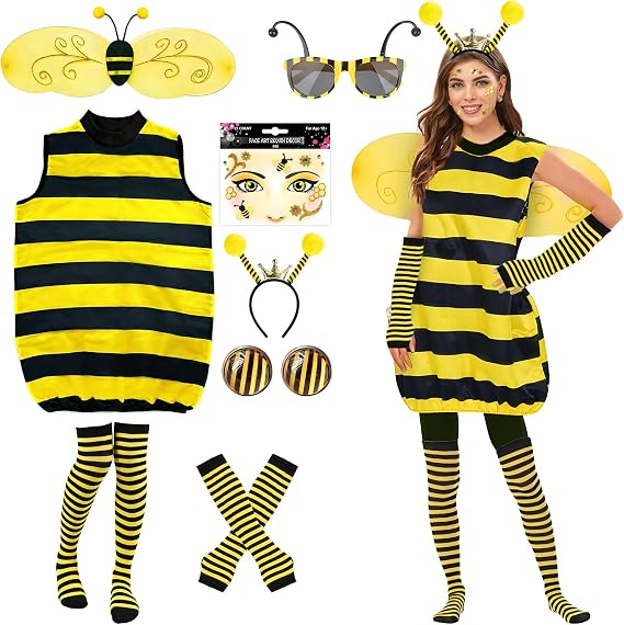 RoserRose Bee Costume Women's Bee Costume Adult Bumble Bee Costume Fancy Dress Costumes Women's Bee with Wings Headband Glasses Ear Clip Gloves Socks for Carnival Party Fancy Dress