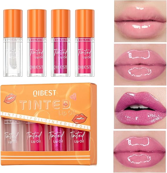 4PCS Tinted Lip Oil Light Lip Gloss Set, Moisturizing Jelly Lip Gloss