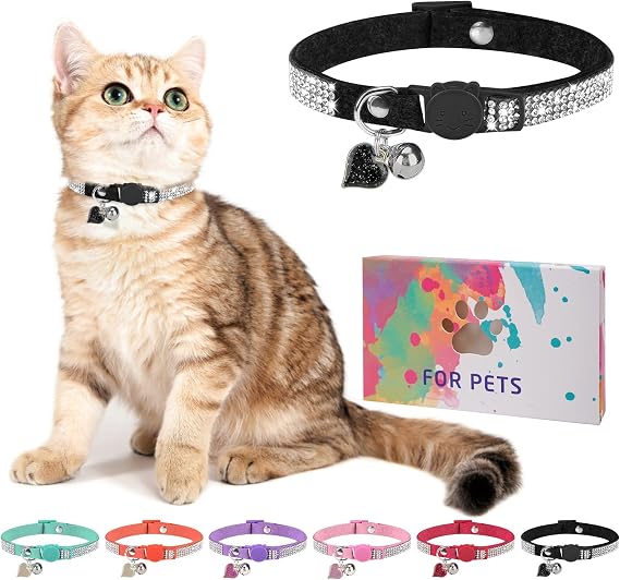 Rhinestone Cat Collar Breakaway, Bling Sparkly Diamond, Black