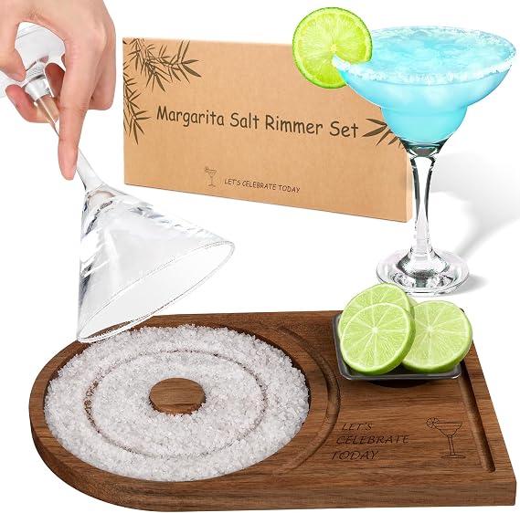Margarita Salt Rimmer Set for Glasses up to 5.5" Bamboo Cocktail Rimmer for Margaritas, Sugar & Salt Rim Bar Accessories, Home Party Bartender Kit, Holiday & Year-Round Entertaining