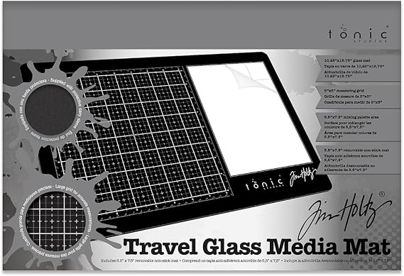 Tim Holtz Travel Glass Cutting Mat - Portable Work Surface with 8x8 Measuring Grid and Palette for Mixed Media - Art Supplies with Carry Case