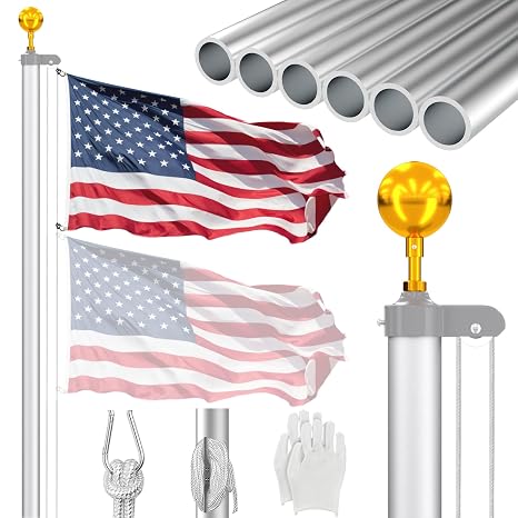 ZMTECH 20FT Sectional Silver Flag Pole heavy duty Kit for Outside, 6m Aluminium Garden Flag Pole Stand with a 3x5 USA Flag, Rope and Clips for Festival, Yard, House, Residential&Commercial Use(Silver)