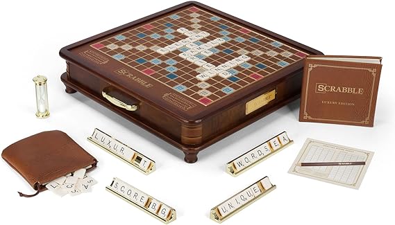Scrabble Luxury Edition Board Game by WS Game Company with Rotating Wooden Game Board, Raised Tile Grid, and Integrated Storage Board Games for 2-4 Players (Ages 8+)