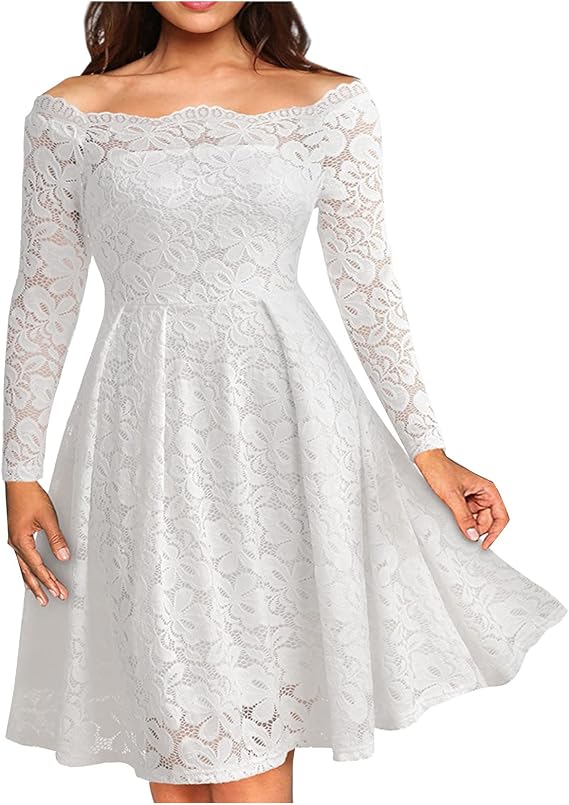 Evening Dress Women's Off Shoulder Lace Sleeves Embroidery Evening Dresses Elegant Lace Dress A Line Tunic Dress Long Sleeve Bridesmaid Dress Prom Dress Knee-Length Festive Wedding Guest