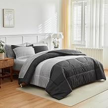 Flysheep Ombre Striped Bedding Bed in a Bag 7 Pieces Queen Size, Grey and White Stripes Comforter Sheet Set (1 Comforter, 1 Flat Sheet, 1 Fitted Sheet, 2 Pillow Shams, 2 Pillowcases)