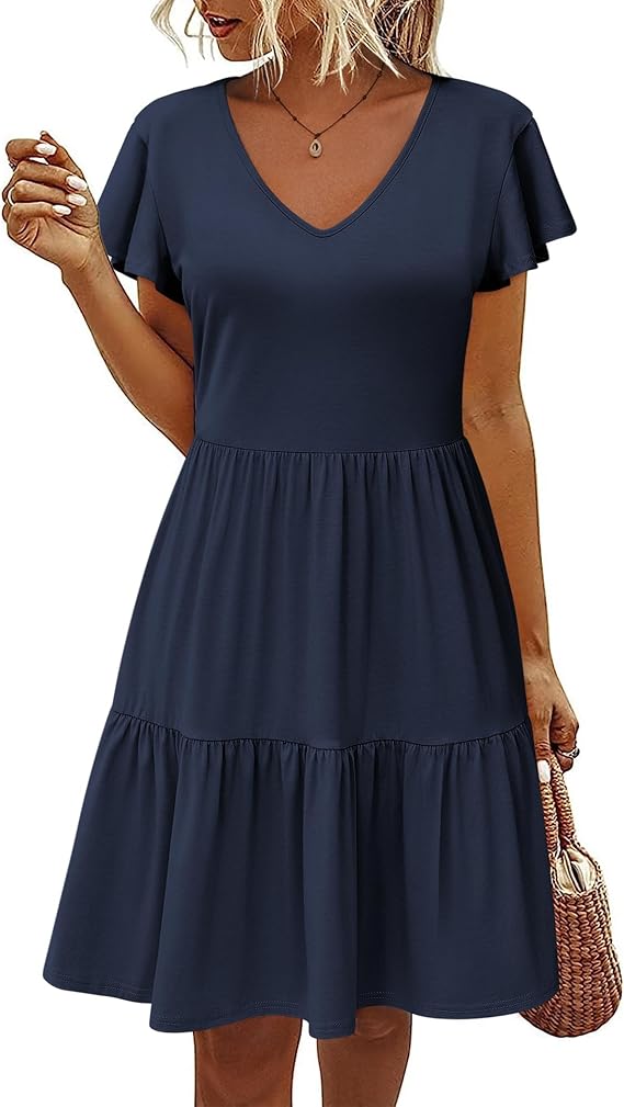 HOTOUCH Women's Casual Summer Dress with Pockets V Neck Ruffle Sleeve A-Line Dresses