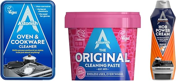 Astonish Kitchen Cleaning Paste Bundle Oven & Cookware Paste, Mandarin Peaches Multi Surface Cleaner & Zesty Lemon Hob Cleaner Heavy Duty Grease & Grime Remover