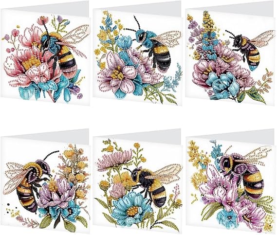 MVVMTOP 6pcs Diamond Painting Greeting Card, DIY Bees and Flowers Diamond Art Greeting Card for Blessing and Wishe Special Shaped Diamond Arts Crafts for Birthday Thanksgiving Day