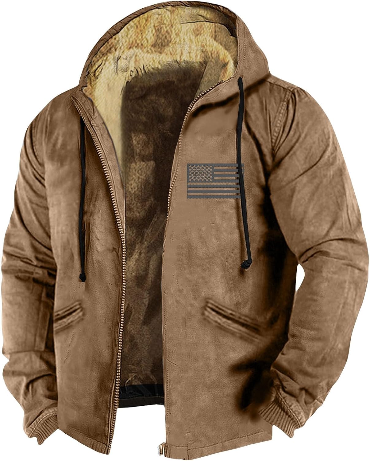 AMXYFBK Mens Fleece Jacket Full Zip Hooded Winter Coats Outdoor Thicken Warm Jackets with Pocket Vintage Casual Lined Coat