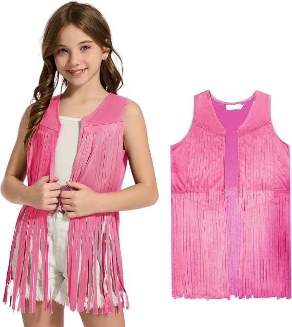 Girls Kids Fringe Vest Sleeveless Western Cowgirl Vest 60s 70s Hippie Faux Suede Tassels Jacket for Halloween