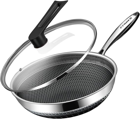 Hybrid 13.5Inch Stainless Steel Pan, PFOA Free Non-Stick Wok, Dishwasher Oven Safe, Stay Cool Handle Skillet, Works with Induction Cooktop/Ceramic/Gas/Electric Stove