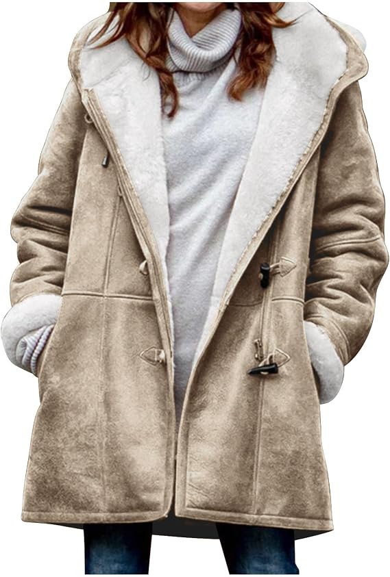 Winter Warm Fleece Lined Jackets for Women Trendy Parka Coat Composite Plush Horn Button Hooded Outerwear