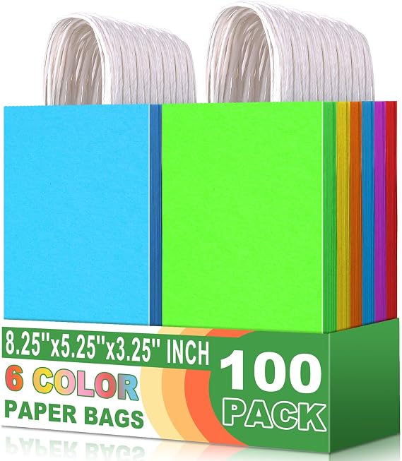 Small Colorful Gift Bags with Handle Pastel Gift Bags 100 Pack, 5.25x3.25x8.25 Inch Paper Goodie Bags for Wedding, Christmas, Birthday Party Favors, Grocery, Craft, Retail Shopping, Goody, and Business