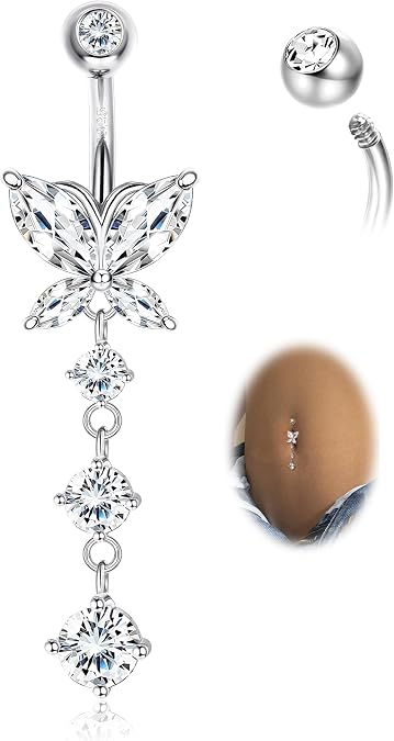 925 Sterling Silver 14G Dangle Butterfly Belly Button Piercing Ring Women