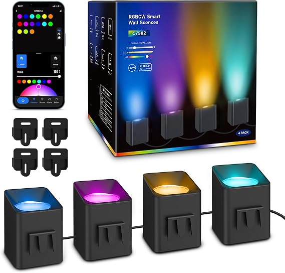 APPECK Wall Sconces 4 Pack, LED Wall Lights RGBCW 8FT with Ambient Lighting | Smart Up Lights Indoor, Dimmable Sconce Lights, Music Sync, for Living Room/Bedroom/Game Room, Home Decor, Alexa Compatible