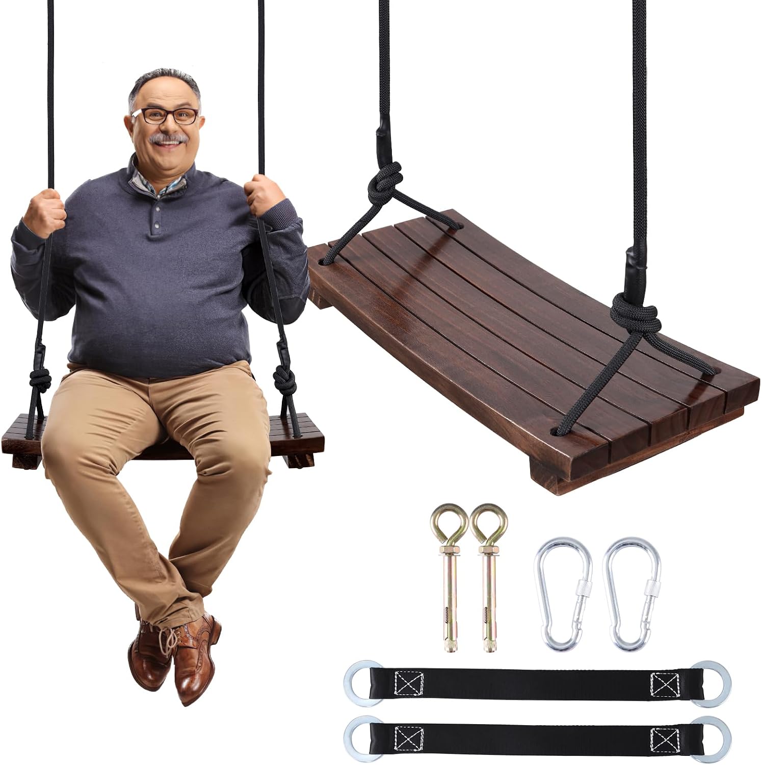 PELLOR Wood Swing Seat, Carbonized Hanging Wood Tree Swing 19.7 x9.8 x1.0 inch for Adult Kids Children Anticorrosive & 100% Waterproof Wooden Swing Set 550 lbs Load Indoor Outdoor Backyard Play