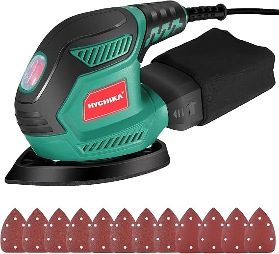 HYCHIKA Detail Sander, 14,000 OPM Compact Electric Sander Tool with 12 Pcs Sandpapers,Efficiency Dust Collection System,Suitable for Tight Spaces