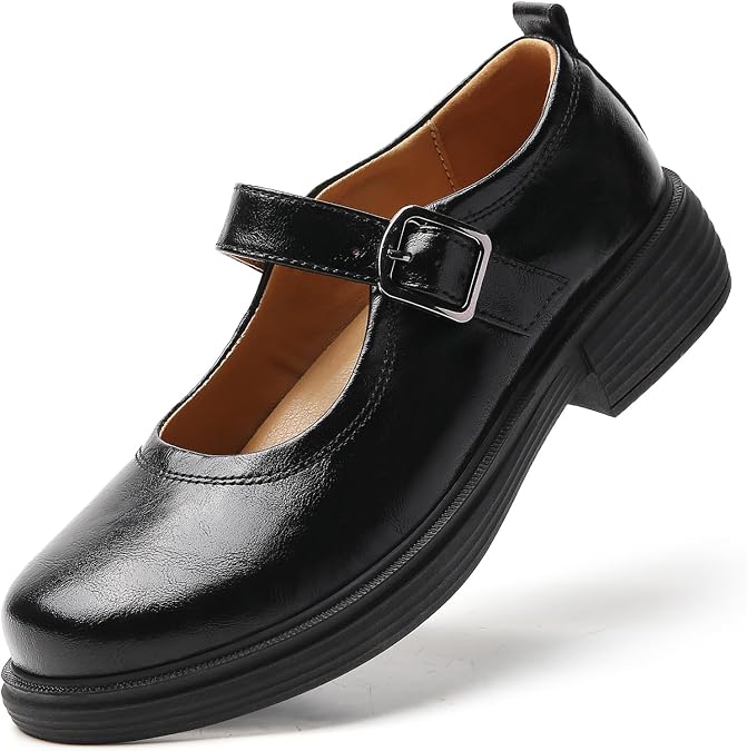 OKJ Mary Jane Shoes Women Flat Maryjane for Womens Cute School Ladies Dress Casual Comfortable Work Shoes Leather Round Toe Flats Non-Slip Formal Shoes