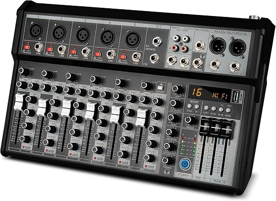 Depusheng Professional Audio Mixer 4 Channel Audio Interface Soundboard Mixer System 16 Bit DSP DJ Bluetooth Mixer + 48V Phantom Effect for Karaoke Studio Streaming Recording (XT7 EU)