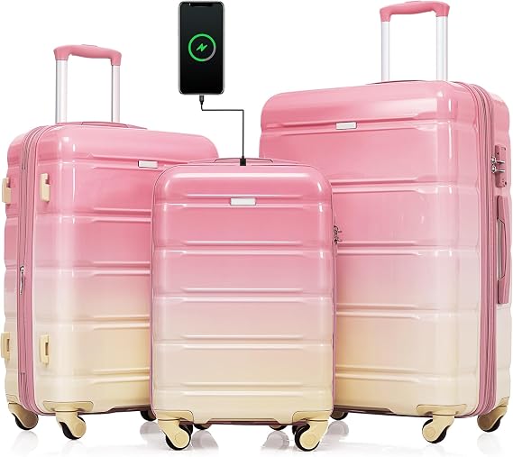 3-Piece Suitcase Set with USB Port, Hard Luggage Sets with Spinner Wheels & TSA Lock, ABS Hardshell Travel Luggage Set with Smooth Zipper, Gradient Color, 20"/24"/28" (Pink)