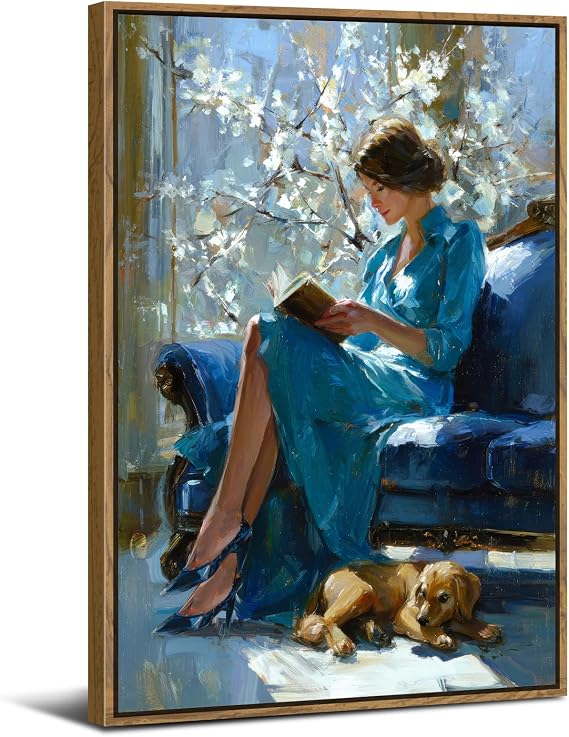 AREBOLO Vintage Framed Canvas Wall Art Elegant Woman Reading Painting Girls Bedroom Picture for Wall Decor Abstract White Floral Landscape Prints Aesthetic Posters Artwork Home Decoration 12x16