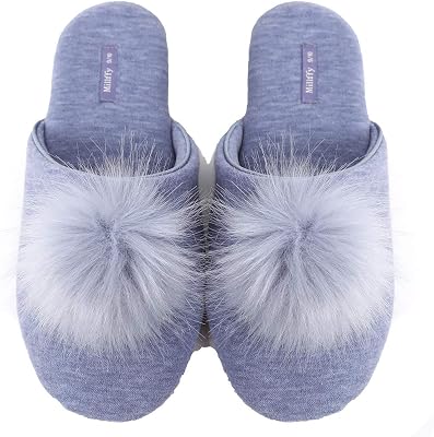 Millffy Womens Cozy House Slippers Fluffy Faux Fur Ball Comfy Slides Bedroom Home Cotton Knit Slippers