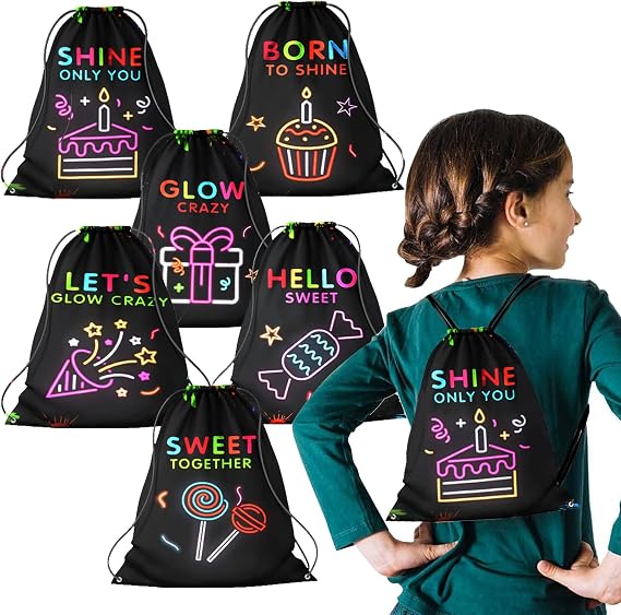 12 Pack Glow Party Supplies Favor Drawstring Bags for Kids' Birthday, Boys Girls Glow Neon Drawstring Backpack Bag as Loot and Goodie bags for Gifts, Treat, Candy or Theme Birthday Party Decorations