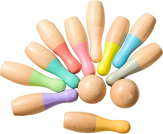 Wooden Bowling Set for Kids, Wooden Toddler Toys, Toddler Indoor or Outdoor Sports Games & Toys for Baby Boys Girls Ages 3-7 Years Old, 12Pcs Wood Bowling Pins and Balls