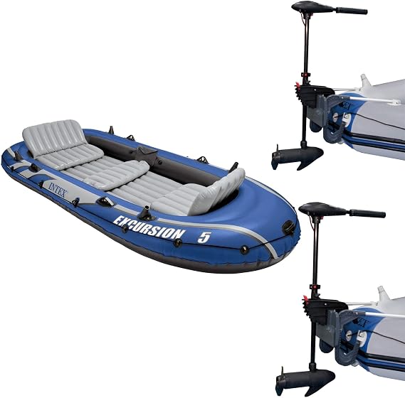 Intex Excursion 5 Inflatable Boat Set & 2 Transom Mount 8 Speed Trolling Motors